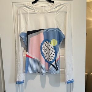 Lucky in Love White Long Sleeve Tennis Graphic Top with Blue, Pink & Yellow